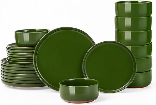 GZG Modern Art Series - 24 Pcs Speckled Stoneware Plates and Bowls Sets, Ceramic Dinnerware Set with Rustic Terracotta Underside, Microwave and Dishwasher Safe Handcrafted Dishes Set - Verdant Green