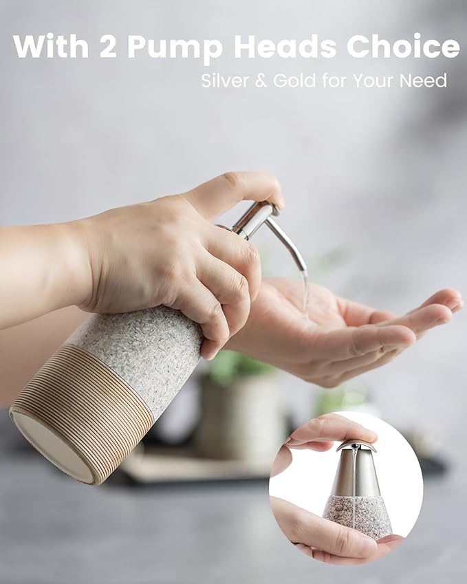 Ceramic Soap Dispenser with 2 Pumps, 12 oz Refillable Liquid Hand Soap Dispenser for Shampoo, Bathroom & Kitchen, Includes Silicone Funnel, Plastic and Stainless Steel Pump, Granite Grey