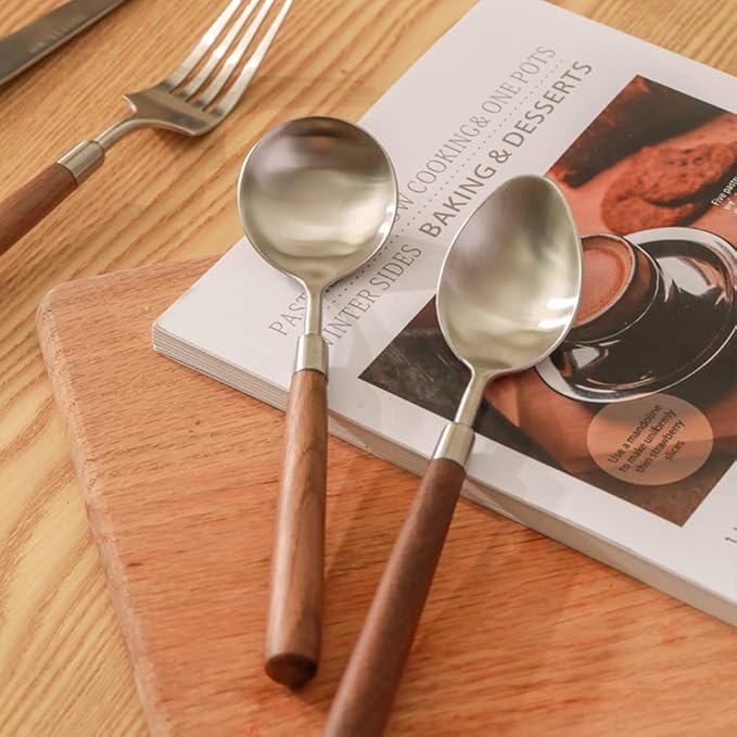 Wood Silverware Set for 6 Wooden Flatware Cutlery Utensils Set 18/10 Stainless Steel Walnut Handle 24 Piece Include Knives Forks and Spoons Tableware Set for Home Kitchen Wedding Restaurant