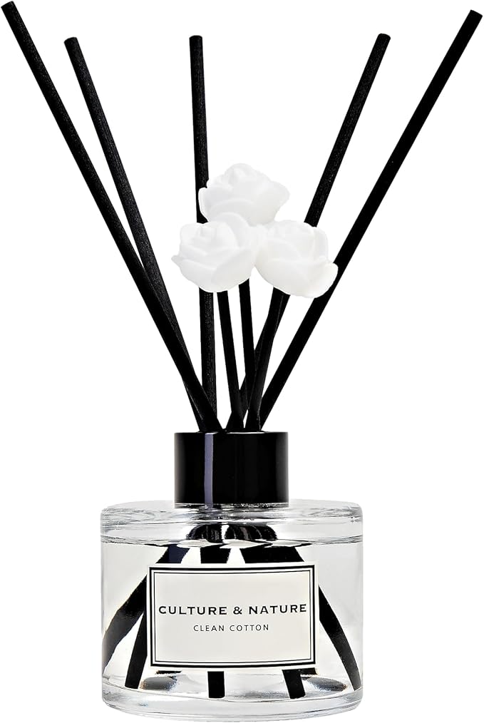 CULTURE & NATURE Reed Diffuser Set 4oz (120ml) Clean Cotton Scented Diffuser with Sticks Home Fragrance Reed Diffuser for Bathroom Shelf Decor