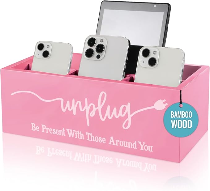 Bamboo Wood Phone Box – Unplug from Phones, Tablets, and Electronics for Study, Meetings, and Family Time, Phone Holder Organizer with Charging Holes, Farmhouse Style, Holds Up to 18 Phones-Pink