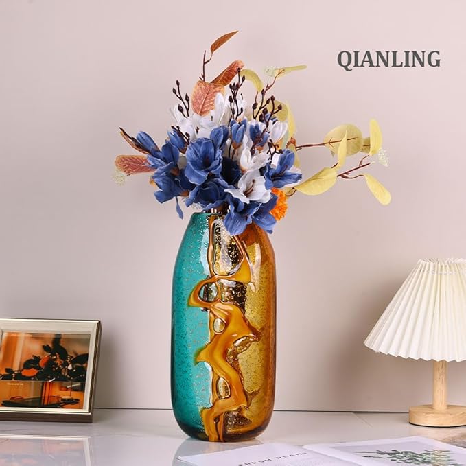 Handcrafted Glass Vase with Amber and Turquoise Colors - Artistic Decorative Flower Vase for Home Decor, Modern Art Piece for Living Room, Dining Table, and Office Desk (13.8 in)