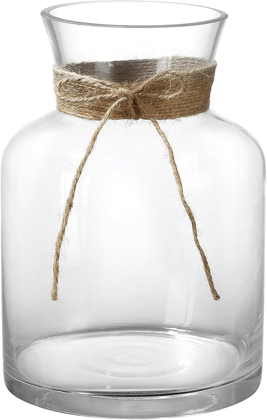 8" Decorative Modern Flower Vase with Twine Rope for Floral Arrangements, Wide Mouth Large Clear Glass Vase for Bouquet(Transparent) (Clear, 03)
