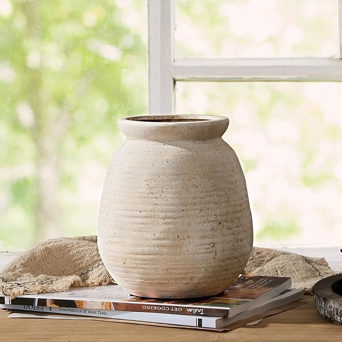 SIDUCAL Ceramic Rustic Farmhouse Vase | 7.3 Inch Pottery Decorative Flower for Home Decor | Sand Glaze Finish Boho Vase for Table, Living Room, Bathroom Decoration, Shelf Decor, Mantel, White