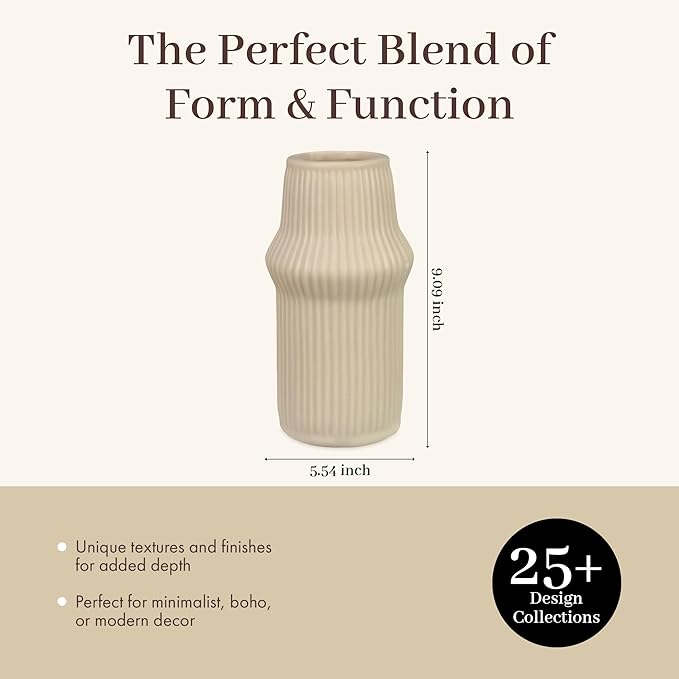 Young's Inc Textured Stoneware Vase with Ribbed Design – Modern Organic Decorative Flower Vase for Table Centerpiece, Shelf, or Mantel, 7” Tall
