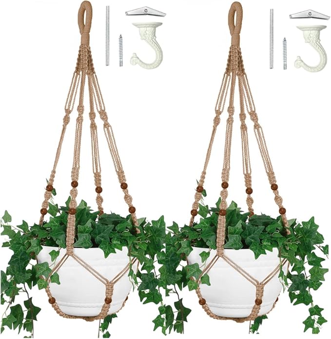 2PK 43 Inches Macrame Planter Hanger Large for 12 inch Pot + Swag Hook (Extra Long & Big) | Large Hanging Planter for Indoor Plants | No Tassel, Cotton Rope, NO Pot/Plant Included (Jute)(XL)