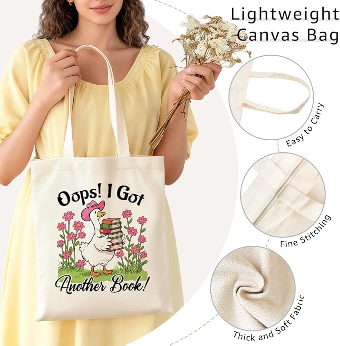 Oops I Got Another Book Women Canvas Tote Bag, Cute Goose Theme Reusable Bag for Shopping Grocery, Appreciation Christmas Birthday Gifts for Teacher Librarian Render Mom Book Lover Bookworm