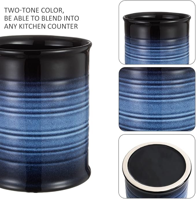 Nihow Kitchen Utensil Holder: 7.2 Inch Extra Large Ceramic Utensil Holder for Countertop - Stable Utensil Crock for Kitchen Counter Decor - Elegant Blue & Black (1PC)