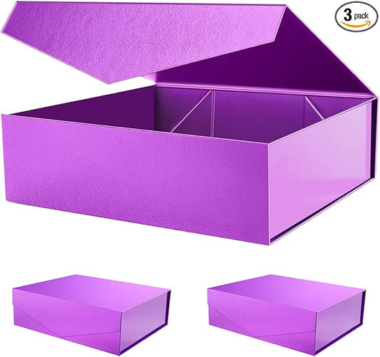 PACKHOME 17x14.5x5.5 Inches, 3 Extra Large Gift Boxes with Lids, Magnetic Closure Boxes for Clothes and Large Gifts (Glossy Purple with Grass Texture)