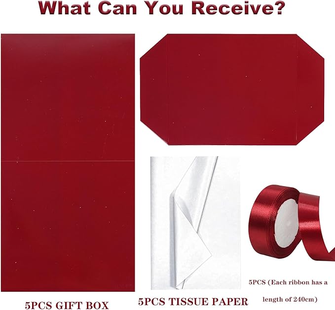 Jaywayang 5 Pack Red Gift Boxes with Lids, Ribbons and Tissue Papers Square Gift Boxes - 7.1 Inch - Christmas Presents Wrapping, Valentine's Day Decoration Party Favor Boxes.