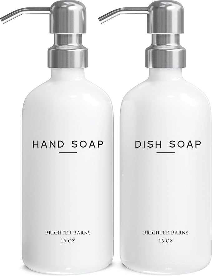 White Glass Hand and Dish Soap Dispenser Set by Brighter Barns - Modern Kitchen Soap Dispenser Set & Pump for Sink - Farmhouse Home Decor, Minimalist Kitchen Accessories (White)