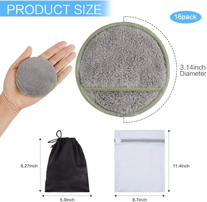 SUNLAND Reusable Makeup Remover Pads for Face,Eye,Lips 16 Pack Microfiber Face Cleansing Gloves Washable with Laundry Bag and Travel Bag Rounds Toner Pads (Round 3.15inchx16, Grey)
