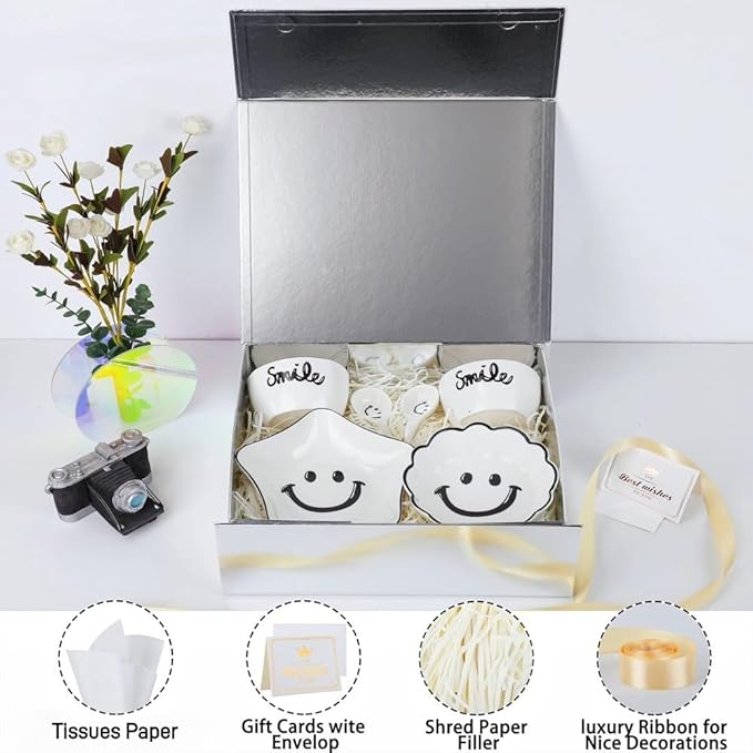 UoeRing 2 Pack Silver Gift Box Large 13.5x11.8x4.7 inch Luxury Gift Box for Presents with Magnetic Closure Lid Collapsible,Birthday,Contains Card, Ribbon, Tissue Paper,Shredded Paper Filler