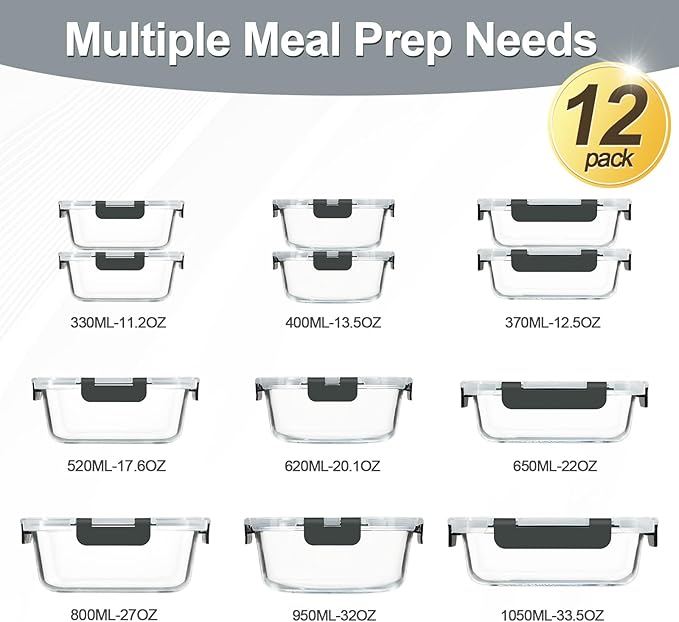 KAMOTA Glass Food Storage Containers, Grey Glass Meal Prep Containers, Airtight Containers with Snap-Lock Lids, Set of 12, for Microwave/Oven/Freezer/Dishwasher