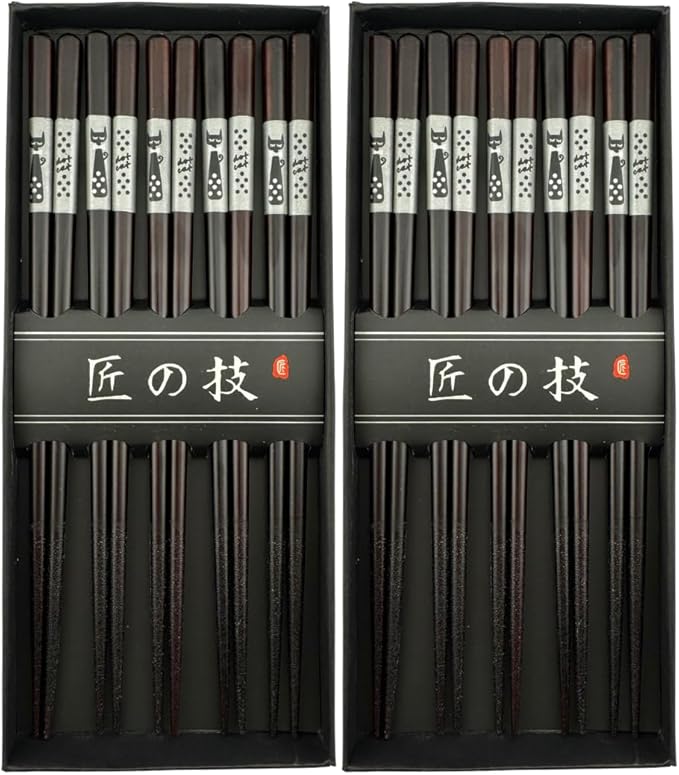 JapanBargain 4509x2, Bamboo Chopsticks Reusable Japanese Chinese Korean Wood Chop Sticks Hair Sticks 5 Pair Gift Boxed Set Dishwasher Safe, 9 inch, Silver-Cat, 2-Pack