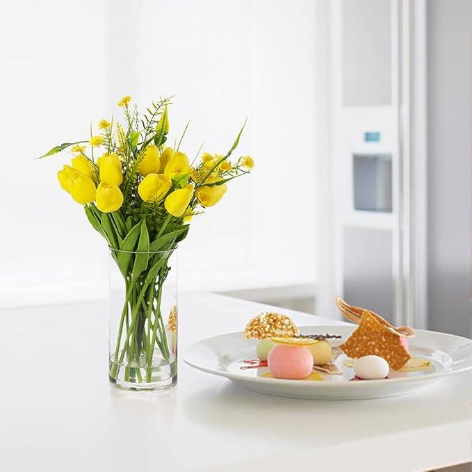 Enova Floral Clear Glass Cylinder Vase 4 x 10 Inches Round Flower Vase, Pillar Candle Floating Candle Holder Vase, Tall Glass Vase for Flowers, Glass Vase for Decor, Wedding Centerpieces (1 Piece)