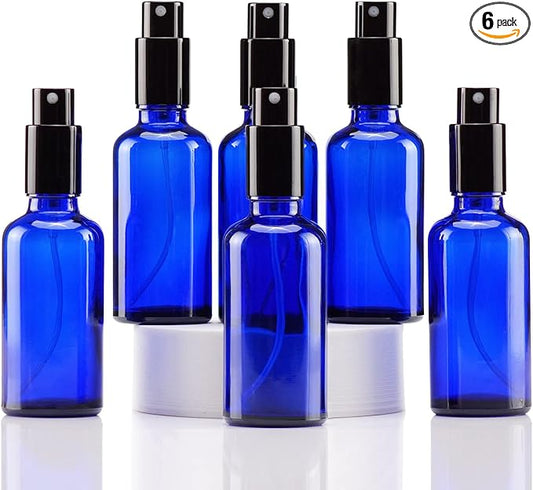 YIZHAO Blue Glass Spray Bottles 2oz, with Small Fine Mist Spray, Metal Cap, Refillable for Essential Oil,Travel,Cleaning,Perfume,Aromatherapy,Makeup – 6 Pcs