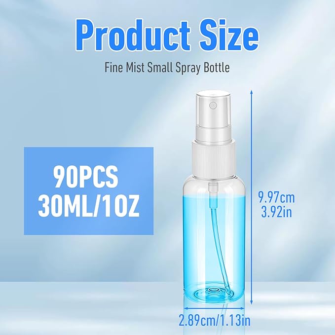 90PCS Small Travel Spray Bottle Bulk 1oz/30ml Clear Fine Mist Spray Bottles Plastic Refillable Mini Empty Bottles for Toiletries Perfume Plant Care Home Cleaning
