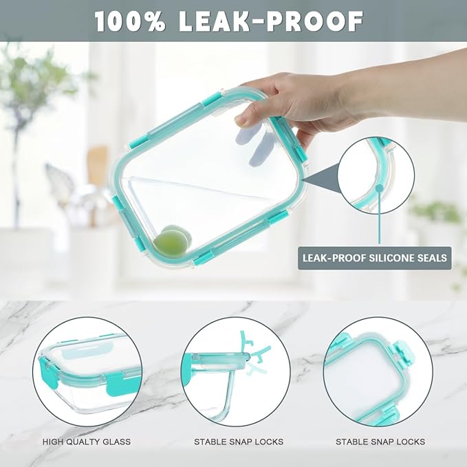 KAMOTA Glass Food Storage Containers, 10 Pack Glass Meal Prep Containers, Airtight Containers with Snap-Lock Lids, 34 oz and 13 oz green Container Set with Lids, for Microwave/Oven/Freezer