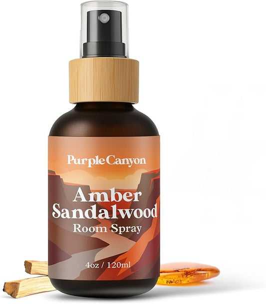Purple Canyon Amber & Sandalwood Room Spray — 4 oz Natural Linen & Room Freshener — Warm, Woody & Resinous Fragrance Mist — Cozy Home Ambiance — Premium Natural Fragrance Oils