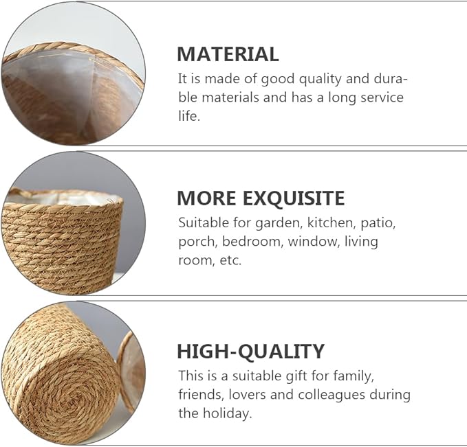 Veemoon 2Pcs Wicker Planter Basket, Rattan Grass Woven Flower Pot Seagrass Planter with Plastic Liner Farmhouse Storage Fruit Bowl Hyacinth Storage Baskets for Plant Flower Fruit Vegetable, 8.65inch H