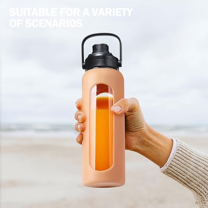 24oz Glass Water Bottle with Straw and 2 Lids-Bamboo and Spout Lid, Borosilicate Glass Water Bottle with Silicone Sleeve and Time Marker,BPA Free & Cupholder Friendly,Amber