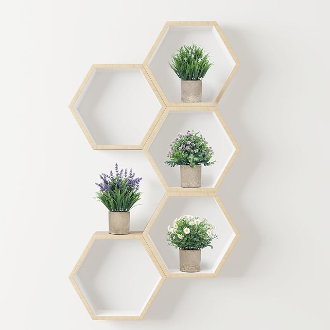 4 Pack Small Fake Plants, Artificial Eucalyptus Leaves with Flowers, Lavender & Daisy with Gray Paper Pulp Pots, Small Faux Potted Plant with Flowers for Home Decor, Indoor&Outdoor Decoration