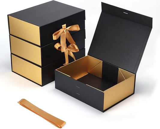 4 Pack 12x9x4 Inches Gift Boxes with Magnetic Closure Lids, Black-Gold Magnetic Box with Ribbon for Wedding, Groomsmen Bridesmaid Proposal, Birthdays, Mother's Day