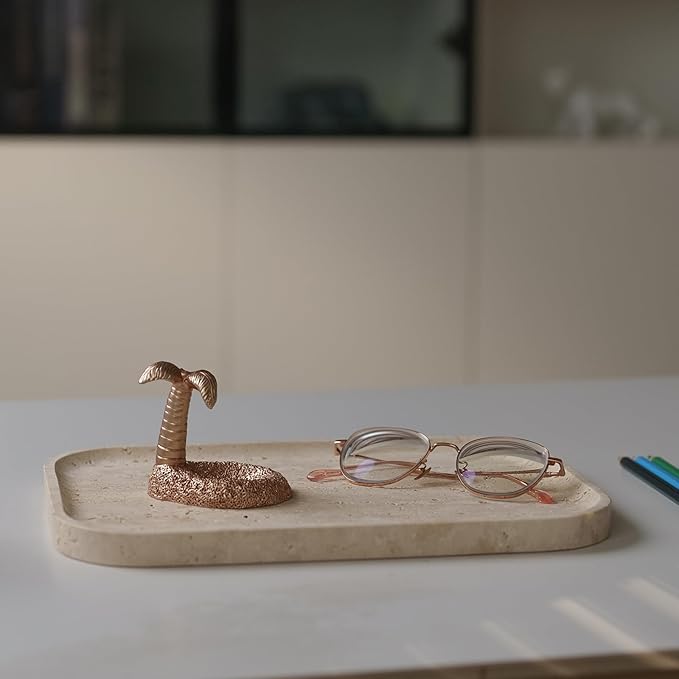 ‌VEROBELL Travertine Bathroom Vanity Tray | Natural Stone Storage Organizer | Luxury Home Decor for Countertop, Dresser, Spa | Non-Resin & Durable Design,11.8"x7.8"x0.6"