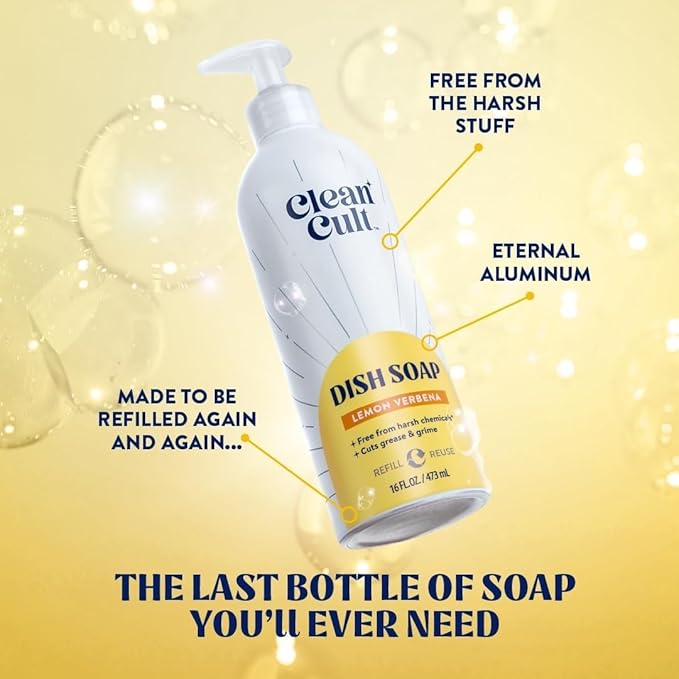 Bundle of Cleancult Dish Soap Liquid Refills (32oz, 1 Pack) - Lemon Verbena + Cleancult - Lemon Verbena - Liquid Dish Soap - Refillable Aluminum Bottle - 16 oz