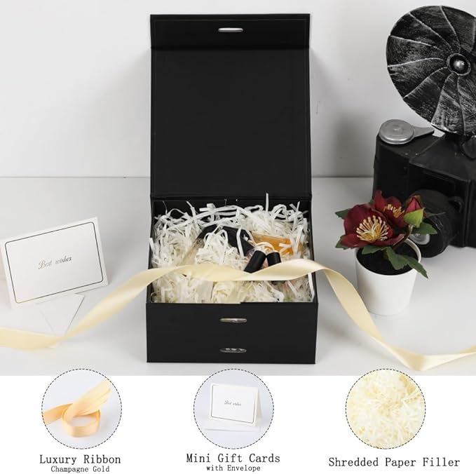 Skivra Black Gift Box with Ribbon - 1 Pack, 6x6x3 Inch Small Rectangle Collapsible Luxury Gift Box with Magnetic Lid Closure, Shredded Paper Filler & Card
