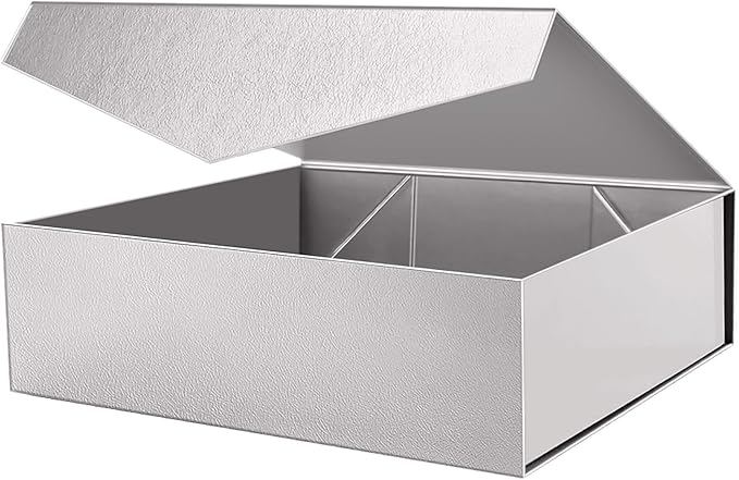 PACKHOME 17x14.5x5.5 Inches, Extra Large Gift Box with Lid, Magnetic Closure Box for Clothes and Large Gifts (Glossy Silver with Grass Texture)