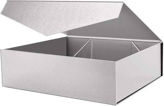 PACKHOME 17x14.5x5.5 Inches, Extra Large Gift Box with Lid, Magnetic Closure Box for Clothes and Large Gifts (Glossy Silver with Grass Texture)