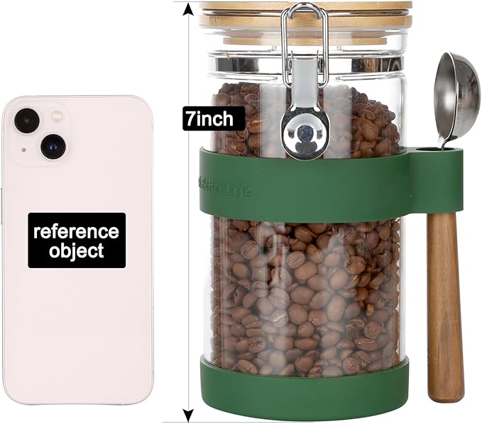 KKC Vacuum Sealed Coffee Bean Storage Container with Scoop for 1 lb Beans,Airtight Glass Coffee Jar Canister with Scoop,Glass Storage Canisters with Hinged Lid,40 Fluid Ounce
