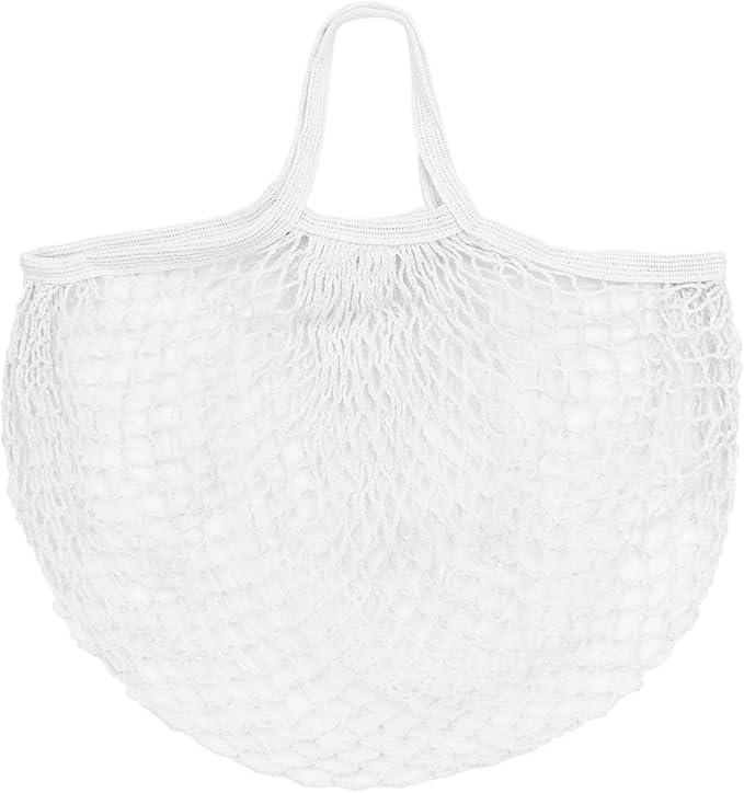 1-Pack Cotton Mesh Bag, Reusable Washable Mesh Net String Grocery Bags, Reusable Produce Bags with Handle, Net Tote Bag for Fruits/Vegetables Shopping [White, Short Handle]