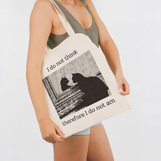 Funny Cat Canvas Tote Bag, I Do Not Think Therefore I Do Not am Reusable Shoulder Bags, Christmas Gifts to Sister and Friends, Casual Canvas Totes for Work Traveling