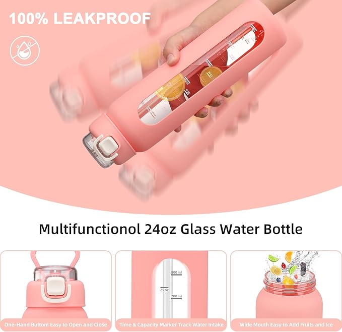 24 oz Glass Water Bottles with 2 Lids-Handle Spout Lid & Straw Lid, Motivational Water Bottle with Time Marker and Silicone Sleeve,Leakproof-Pink-1 Pack