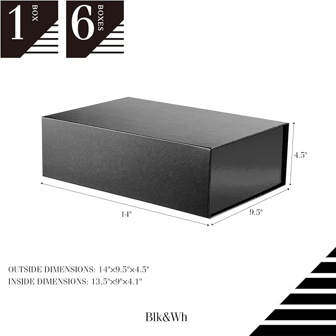 BLK&WH 6 Collapsible Groomsman Boxes, 13.5x9x4.1 Inches, Large Black Gift Boxes with Lids, Glossy Black with Grass Texture