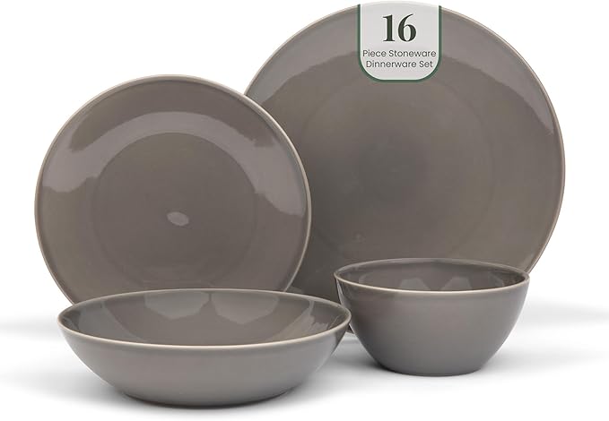 Larder & Vine Ceramic Stoneware Dinnerware 16-Piece Set, 4 Place Settings (French Gray)
