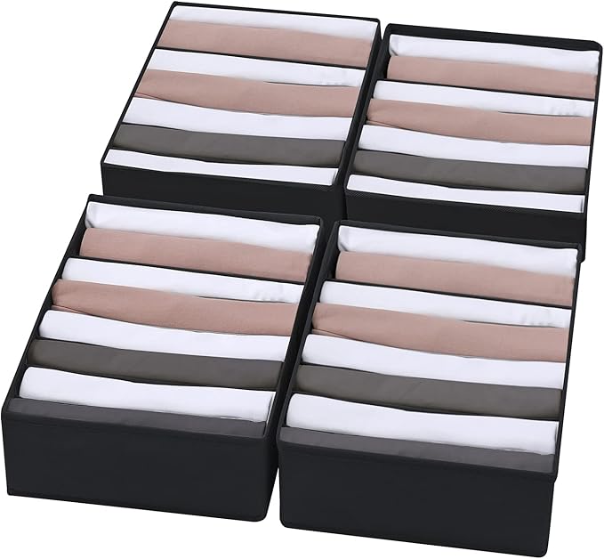 4 Packs T-shirt Drawer Organizers for Clothing,8 Grids Compartment Wardrobe Storage Box, Washable Clothes Organizer for Folded Clothes, Legging, Silk Scarve-Black