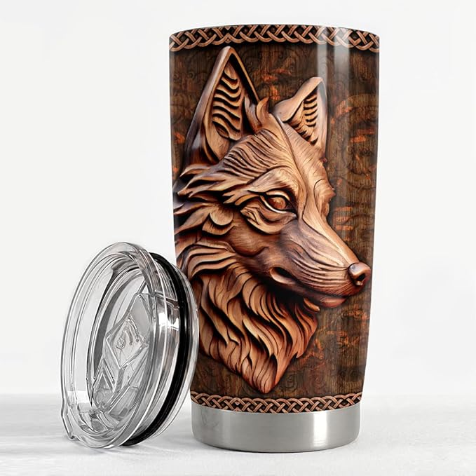 SANDJEST Wolf Tumbler 20oz Wolf Wood Drawing Stainless Steel Insulated Tumblers Coffee Travel Mug Cup Wolf Gift for Men Boys Gifts for Birthday Christmas
