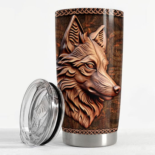 SANDJEST Wolf Tumbler 20oz Wolf Wood Drawing Stainless Steel Insulated Tumblers Coffee Travel Mug Cup Wolf Gift for Men Boys Gifts for Birthday Christmas
