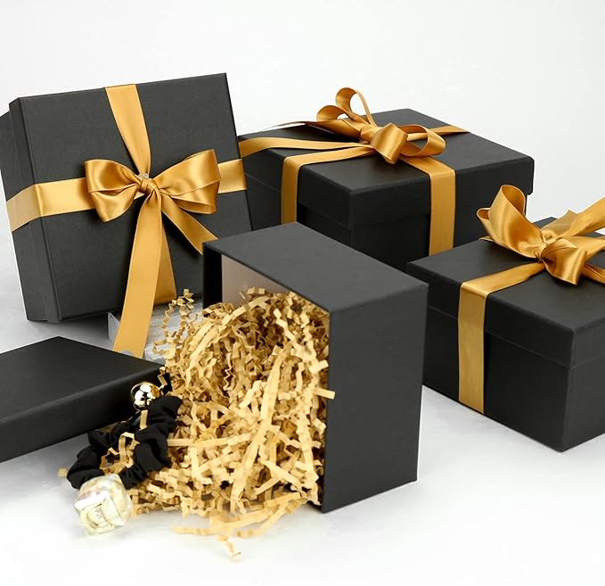 Bengnkes Black Gift Box Small Gift Boxes with Lids for Presents 4 Packs Square Luxury Nesting Gift Boxes with 17ft Ribbon for Birthday Bridesmaid Wedding Christmas Proposal