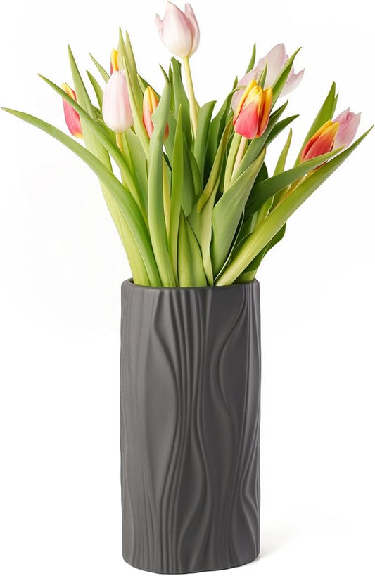 Black Flower Vase - Modern Ceramic Vase for Home Décor - Black Matte Vase for Living Room - Boho Vase for Pampas Grass