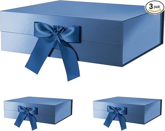 GREEN BEAN 3 Extra Large Gift Boxes with Lid 16.3 x 14.2 x 5 Inches Blue Magnetic Gift Box with Ribbon for Clothes and Large Presents Christmas Halloween(Glossy Blue)