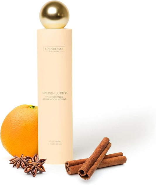 Orange, Cedarwood & Clove Room Spray | Benevolence LA Golden Luster | 3.4oz | Home, Pillow & Linen Fragrance Spray | Low VOC, No Alcohol | Holiday & Christmas Gift for Her | Malibu Sands Collection
