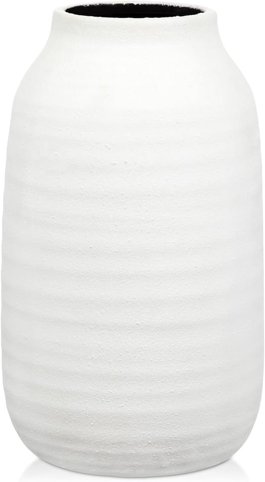 Briful White Ceramic Vase for Pampas Grass – 9.4” Tall Ribbed Modern Vase, Minimalist Farmhouse Table Centerpiece, Boho Home Decor for Dried Flowers, Shelf, Mantel & Entryway Styling
