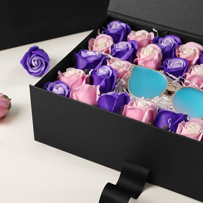 JINMING Large Gift Box with Ribbon 13.5x9x4.1 Inches, Black Box for Gifts, Groomsman Proposal Box for Mother's Day, Father's Day, Collapsible with Magnetic Closure