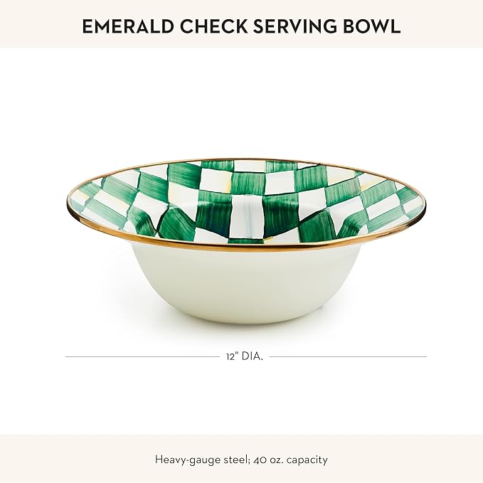 MACKENZIE-CHILDS Enamel Serving Bowl, Enamel Serveware Bowl, 12 Inches, Green-and-White Emerald Check