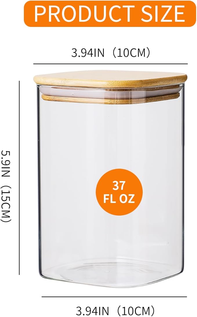 Glass Food Storage Containers with Bamboo Lids, 34 Oz High Borosilicate Glass Jars for Coffee Bean, Candy, Cookie, Flour, Square